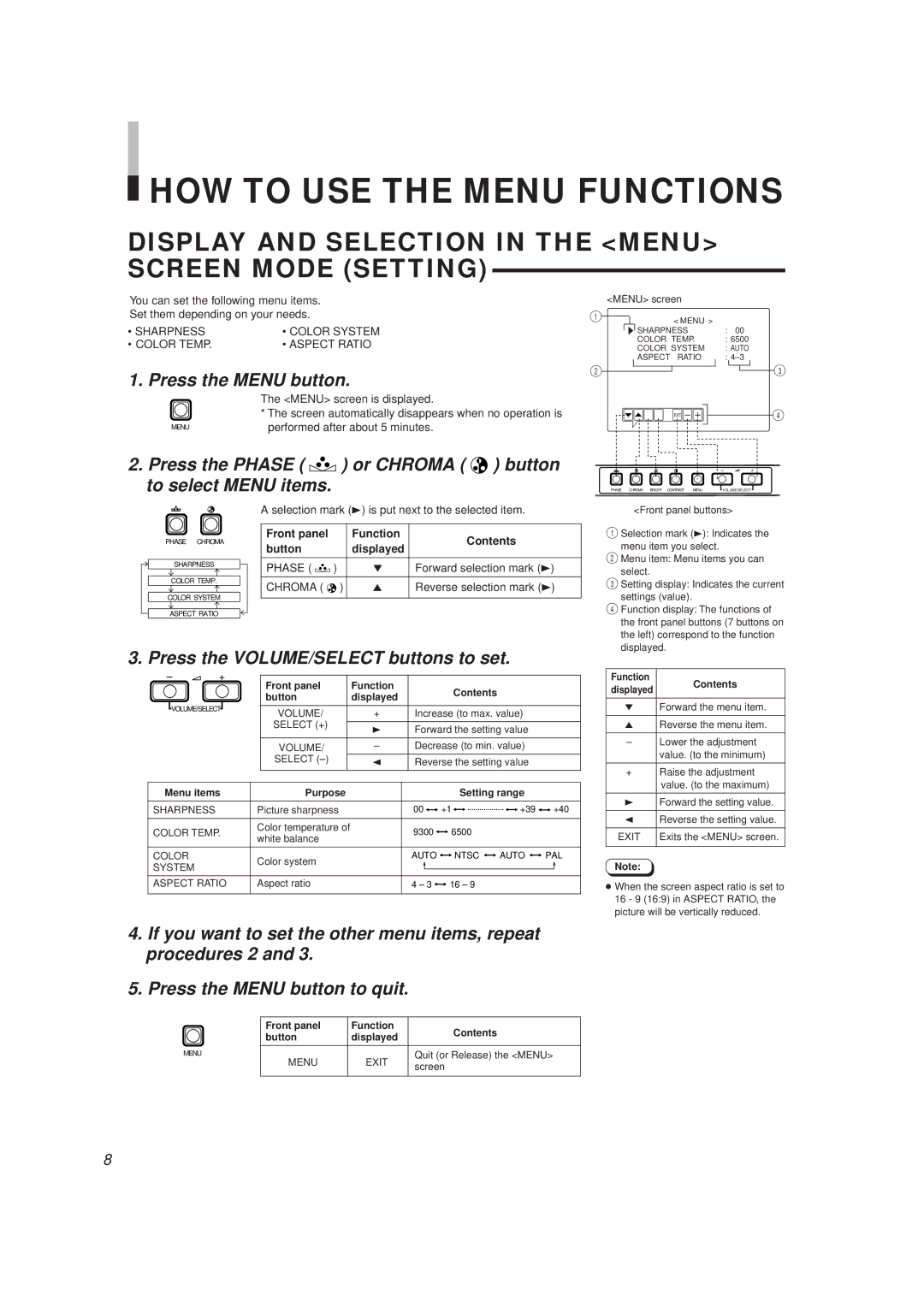 JVC TM-H1375SU HOW to USE the Menu Functions, Display and Selection in the Menu Screen Mode Setting, Press the Menu button 