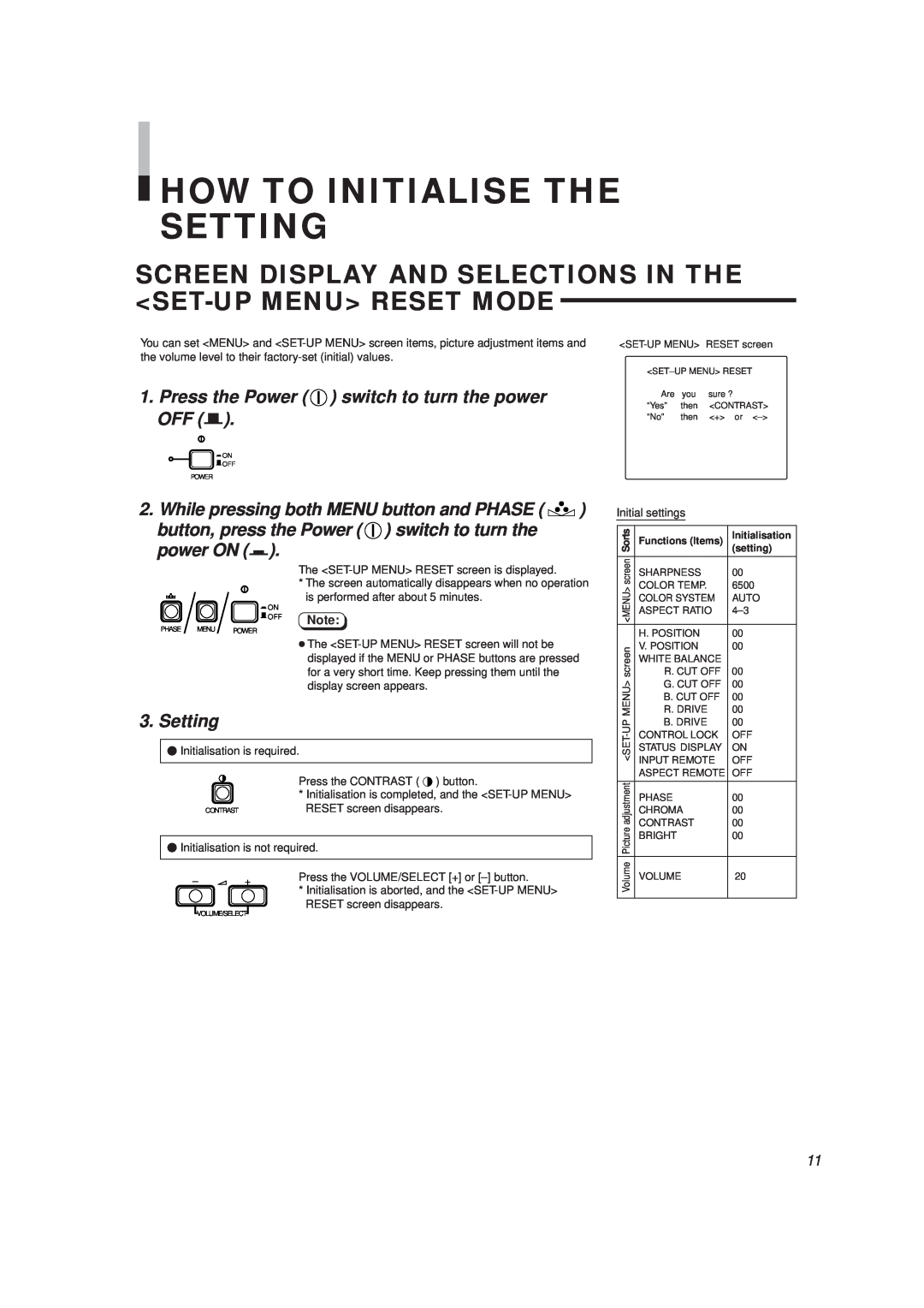 JVC TM-H1375SU How To Initialise The Setting, Screen Display And Selections In The Set-Up Menu Reset Mode, power ON g 