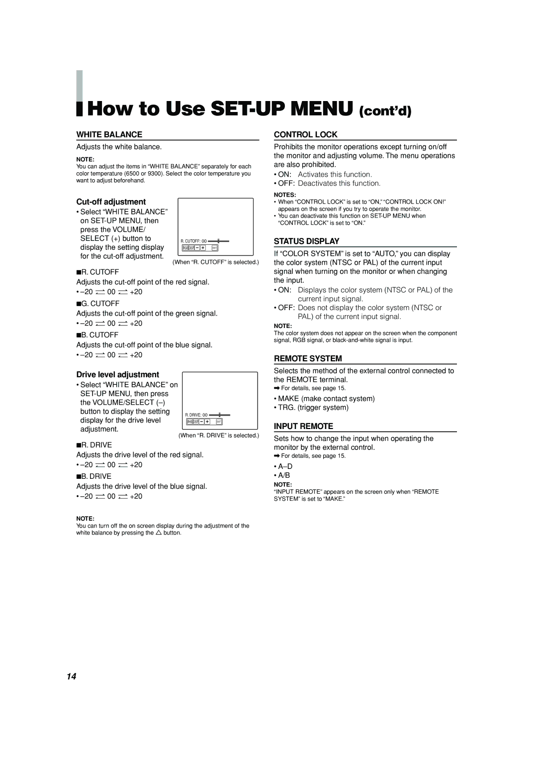JVC TM-H150CG manual How to Use SET-UP Menu cont’d 