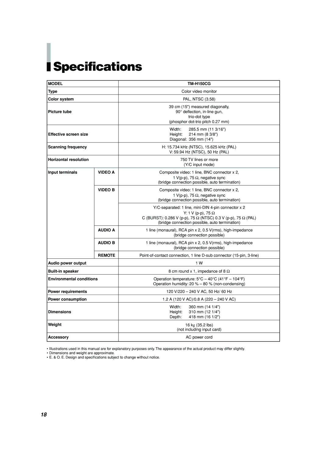 JVC TM-H150CG manual Specifications 