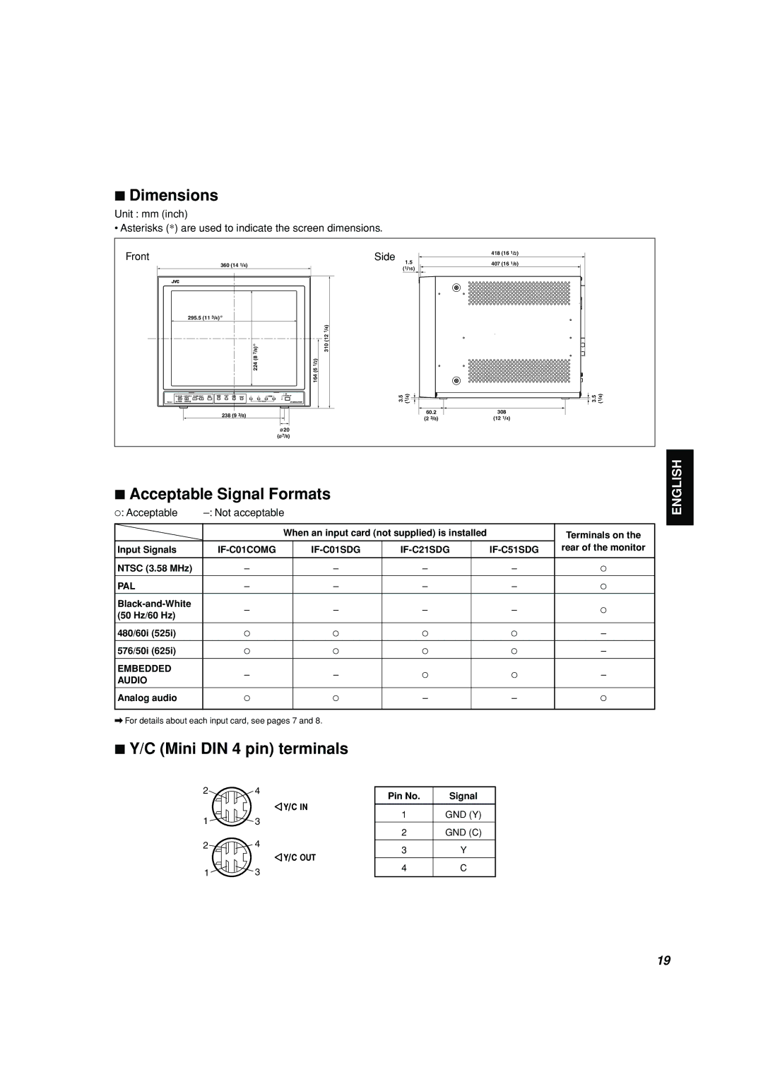 JVC TM-H150CG manual Dimensions, Acceptable Signal Formats, C Mini DIN 4 pin terminals, ‡ Acceptable Not acceptable 