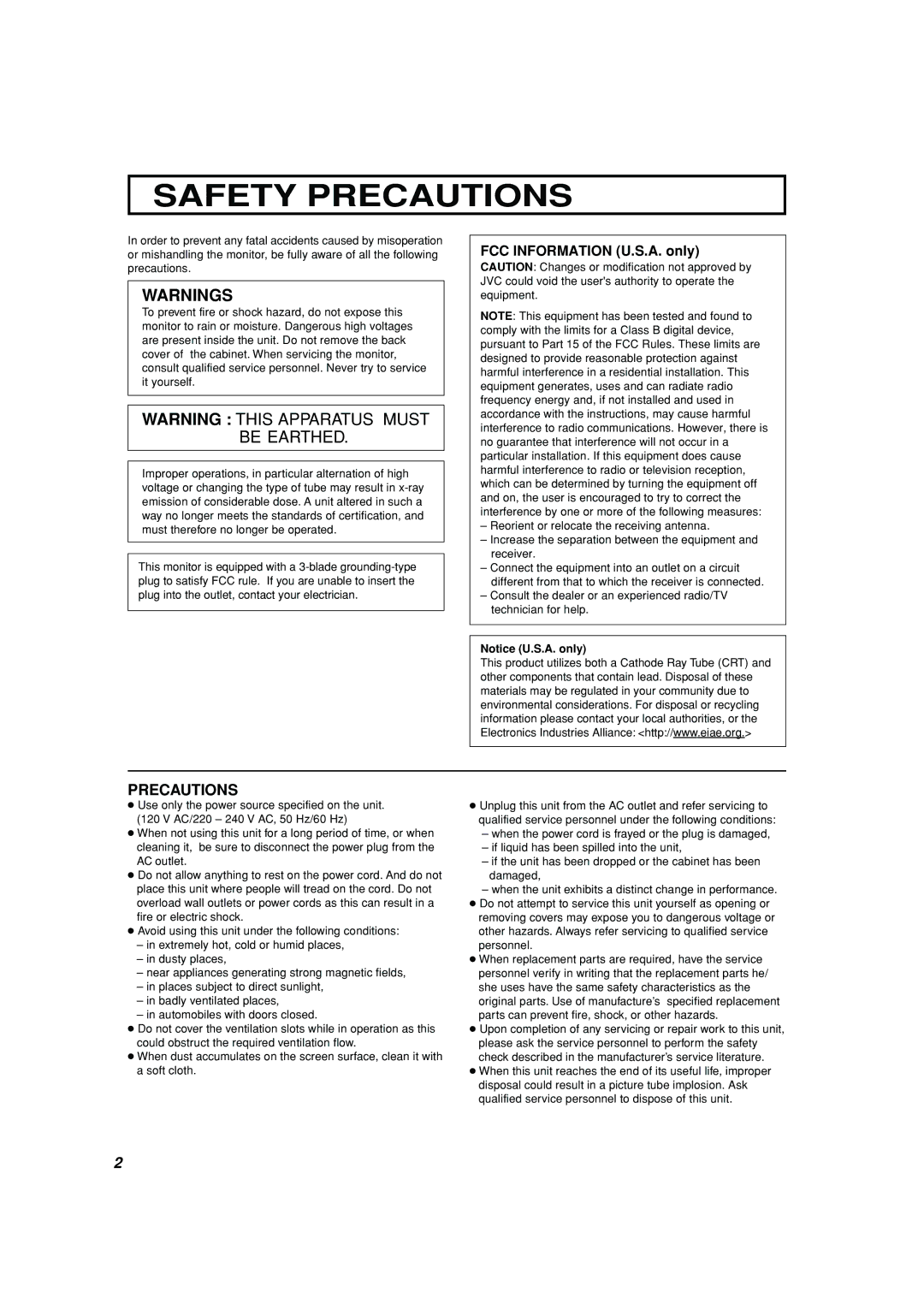 JVC TM-H150CG manual Safety Precautions, FCC Information U.S.A. only 