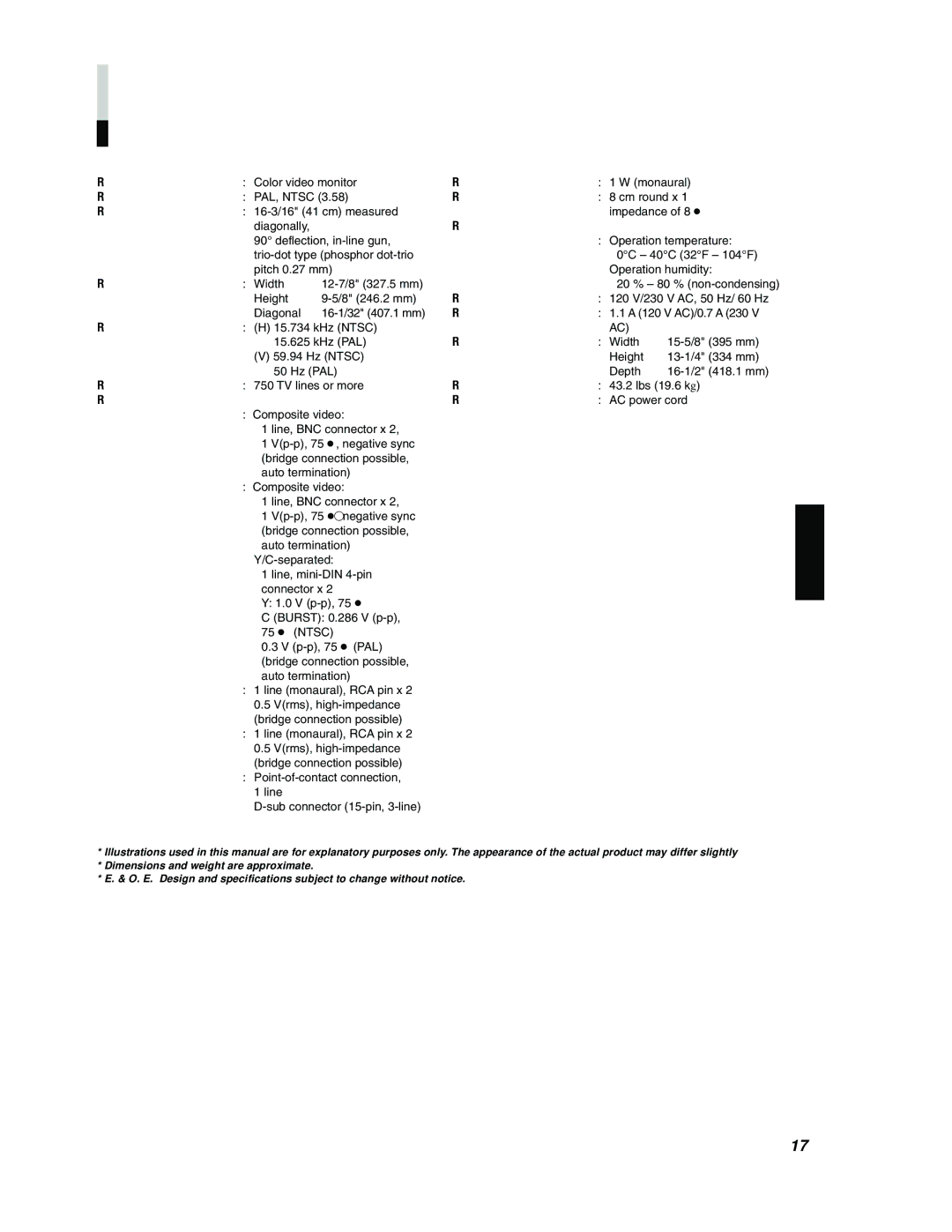 JVC TM-H1700G manual Specifications 