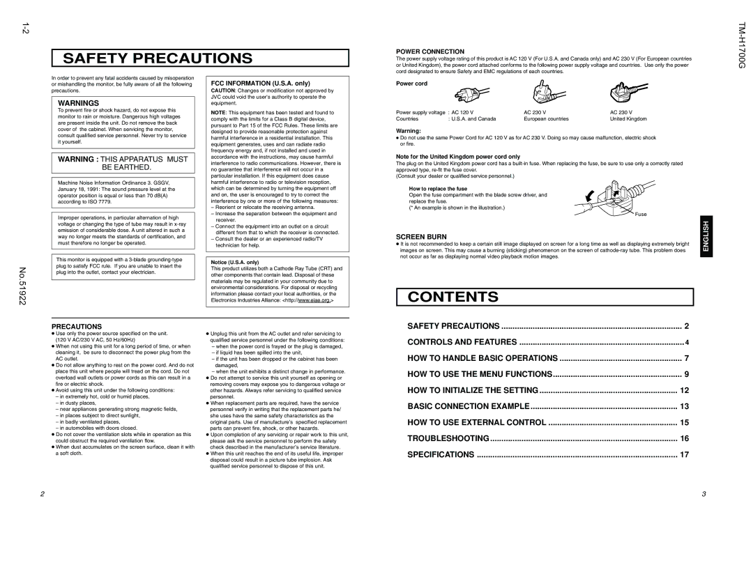 JVC TM-H1700G manual Safety Precautions 