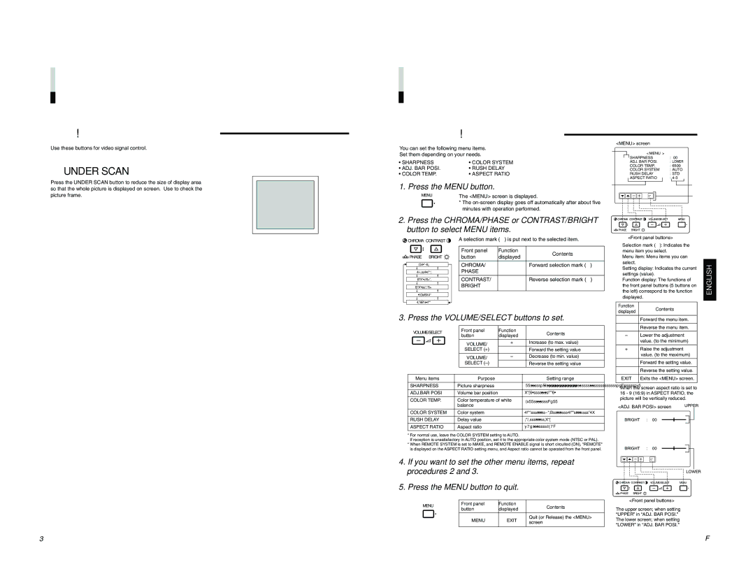 JVC TM-H1700G manual Video Signal Controls, Display and Selection in the Menu Screen Mode Setting, Press the Menu button 