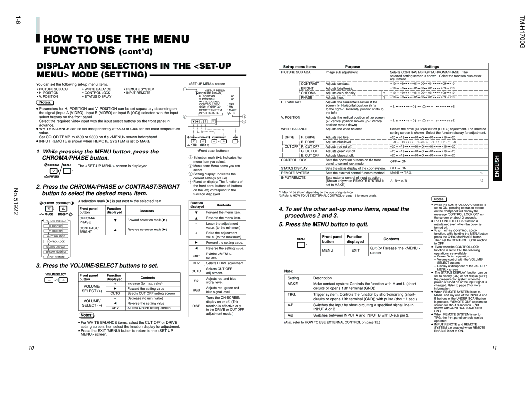 JVC TM-H1700G manual Display and Selections in the SET-UP Menu Mode Setting, Set-up menu items Purpose Settings, Menu Exit 