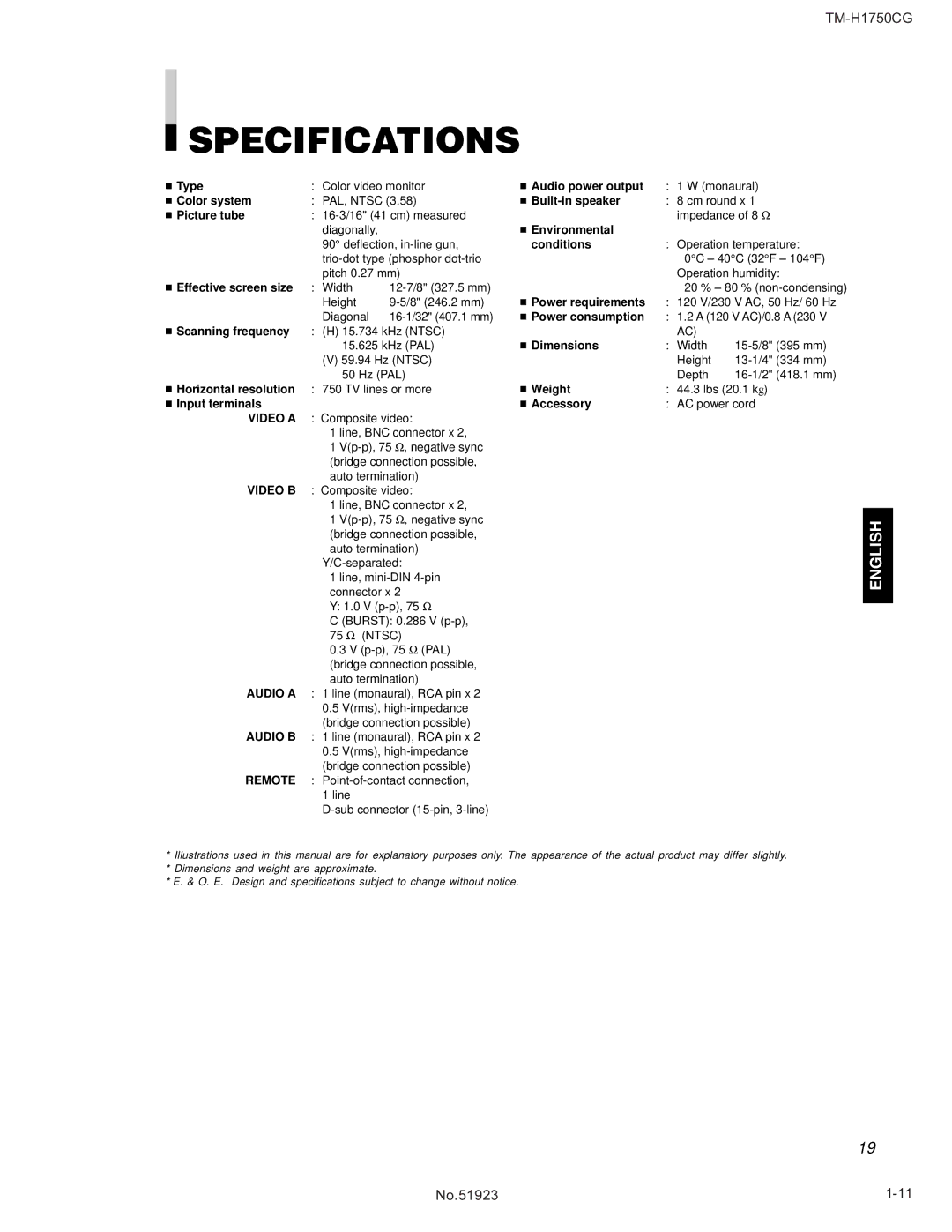 JVC TM-H1750CG  Effective screen size,  Power requirements, AC power cord, Point-of-contact connection 