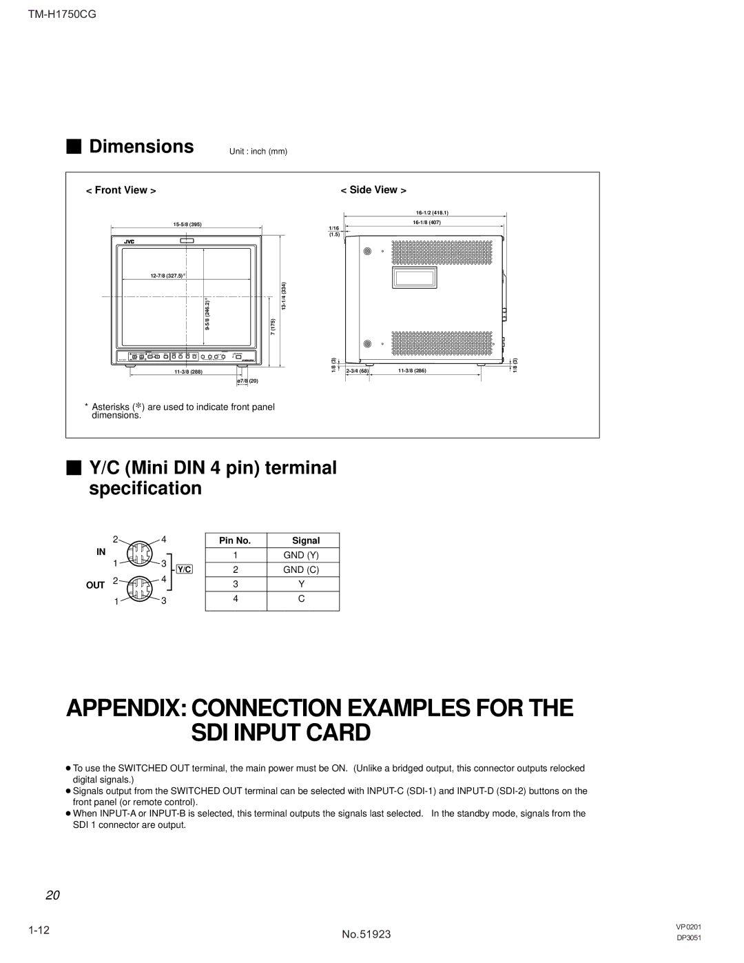 JVC TM-H1750CG operating instructions Unit inch mm, Front View, Signal, Gnd Y, Gnd C 