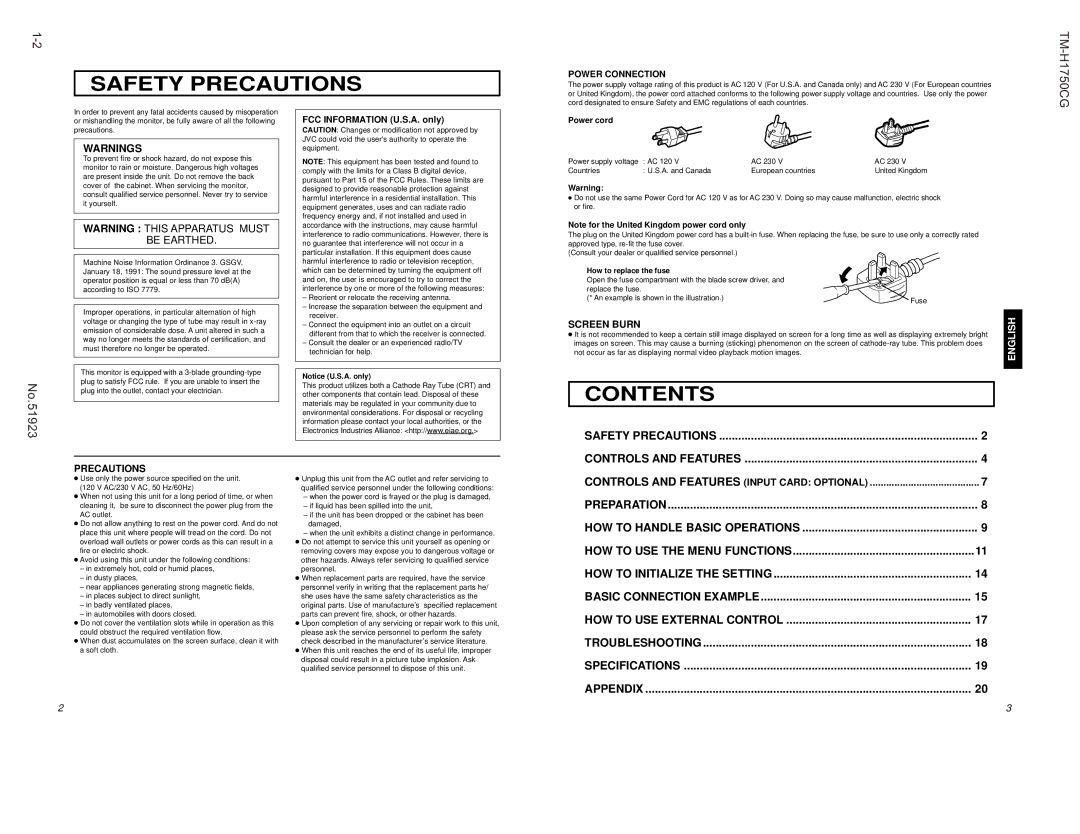 JVC TM-H1750CG operating instructions Safety Precautions 