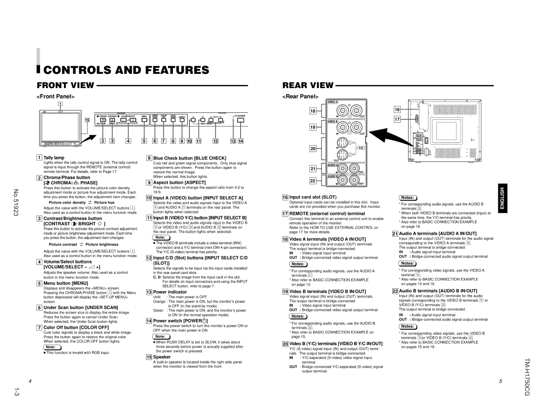 JVC TM-H1750CG operating instructions Controls and Features, Front View Rear View 