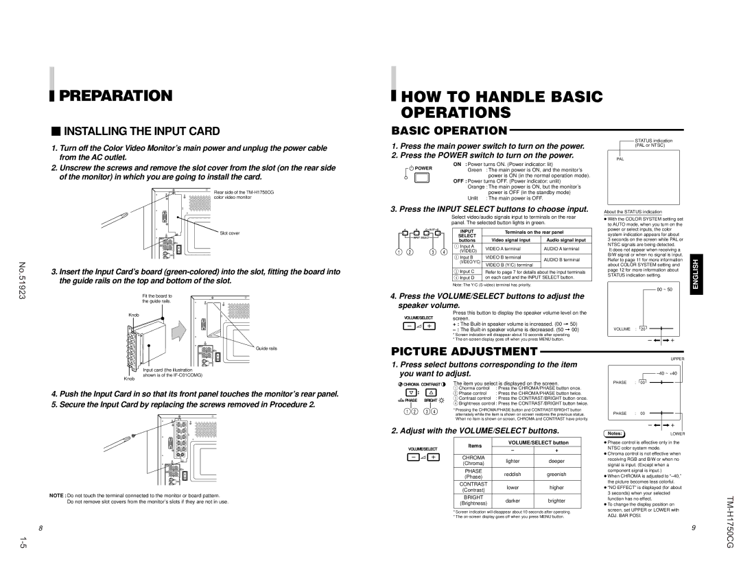 JVC TM-H1750CG Preparation, HOW to Handle Basic Operations,  Installing the Input Card, Picture Adjustment 