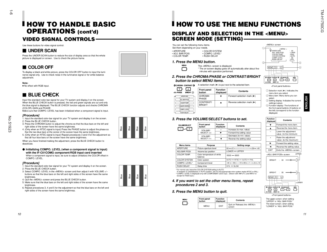 JVC TM-H1750CG Video Signal Controls, Display and Selection in the Menu Screen Mode Setting,  Blue Check,  Under Scan 