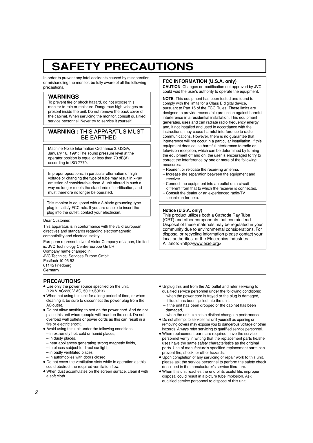 JVC TM-H1900G, TM-H1700G manual Safety Precautions, FCC Information U.S.A. only 