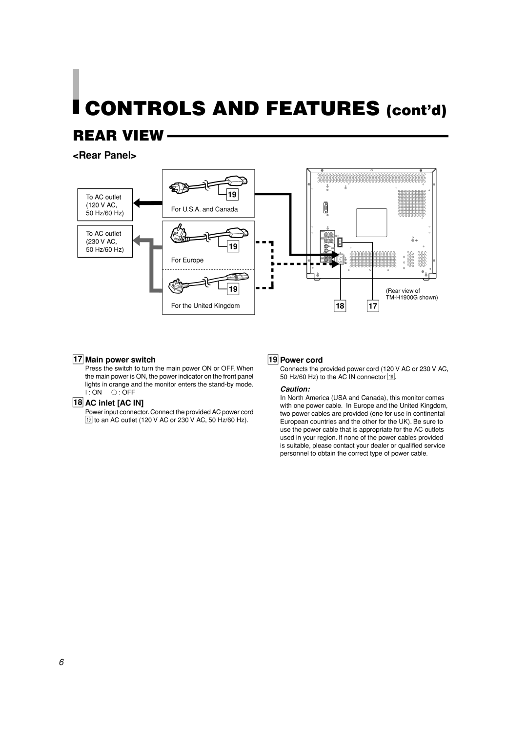 JVC TM-H1900G, TM-H1700G Controls and Features cont’d, Main power switch, AC inlet AC, Power cord, For the United Kingdom 