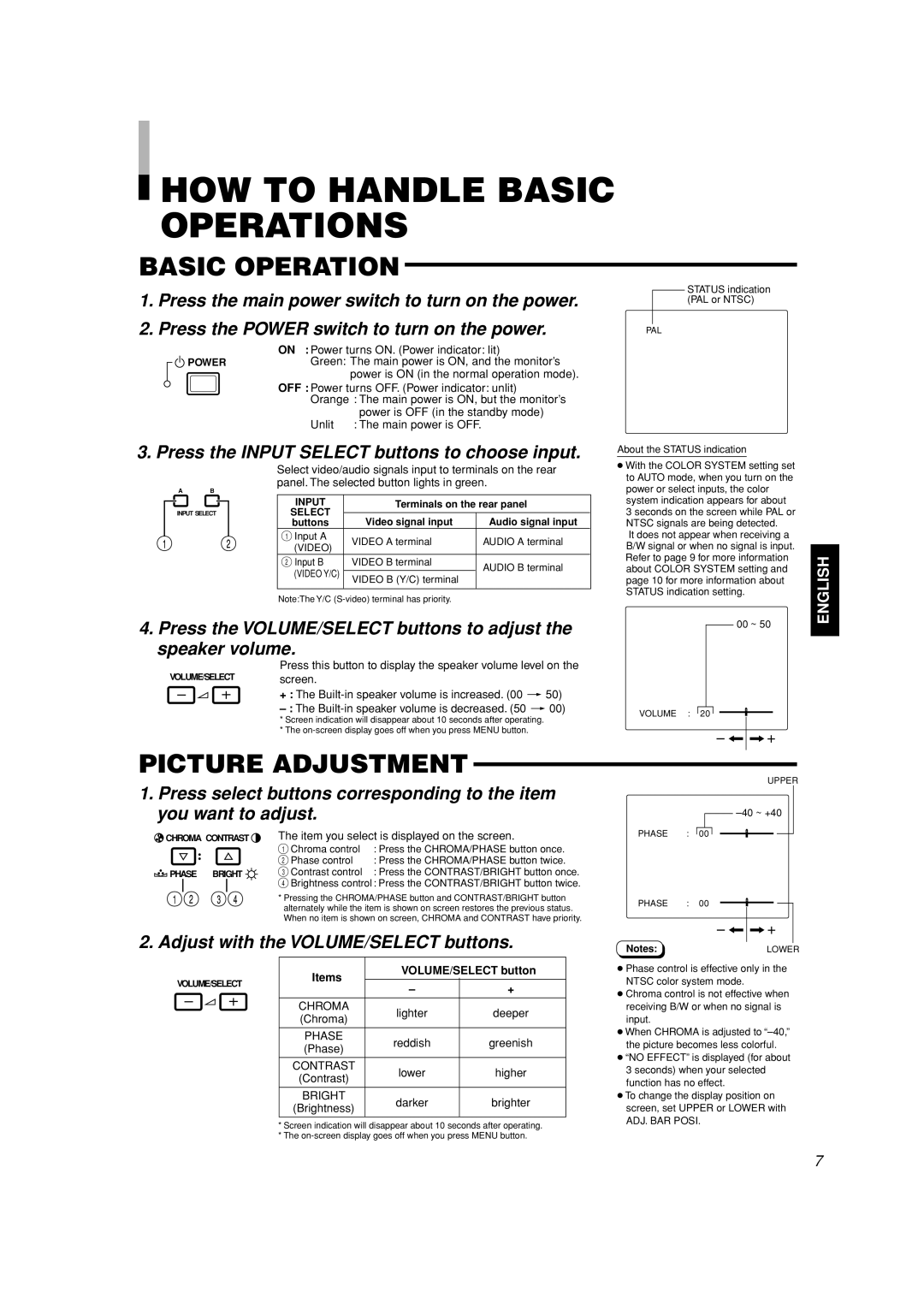 JVC TM-H1700G, TM-H1900G manual HOW to Handle Basic Operations, Picture Adjustment 