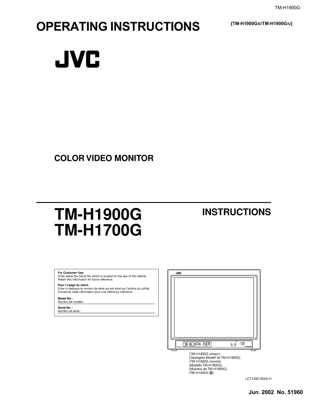 JVC TM-H1900G operating instructions Color Video Monitor, For Customer Use, Pour l’usage du client, Model No, Serial No 