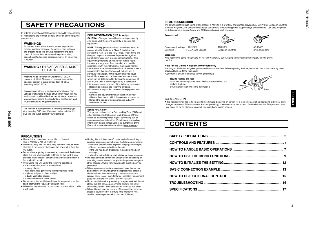 JVC TM-H1900G operating instructions Safety Precautions 