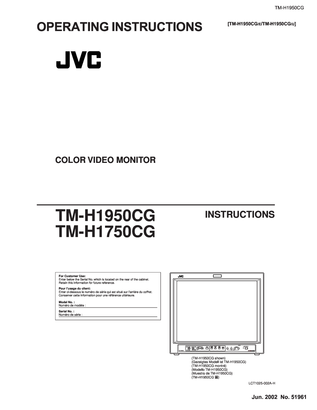 JVC operating instructions Color Video Monitor, TM-H1950CG TM-H1950CG/E/TM-H1950CG/U, TM-H1950CG TM-H1750CG, Model No 
