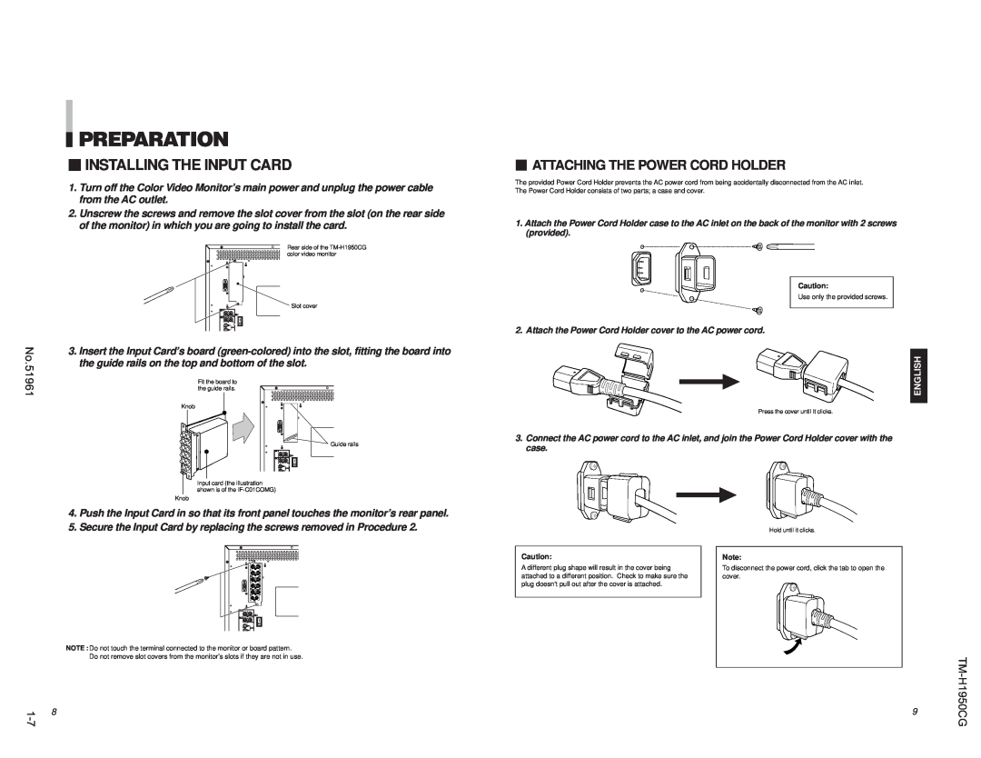 JVC TM-H1950CG operating instructions Preparation,  Installing The Input Card,  Attaching The Power Cord Holder, English 