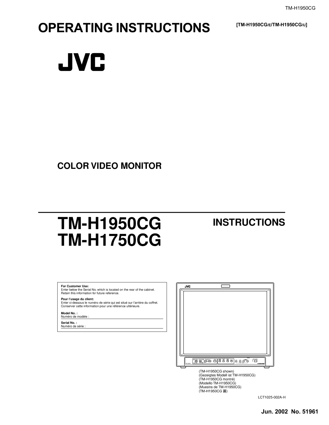 JVC operating instructions TM-H1950CG TM-H1750CG, Color Video Monitor 