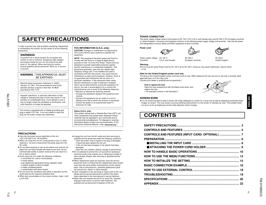 JVC TM-H1950CG operating instructions Safety Precautions 