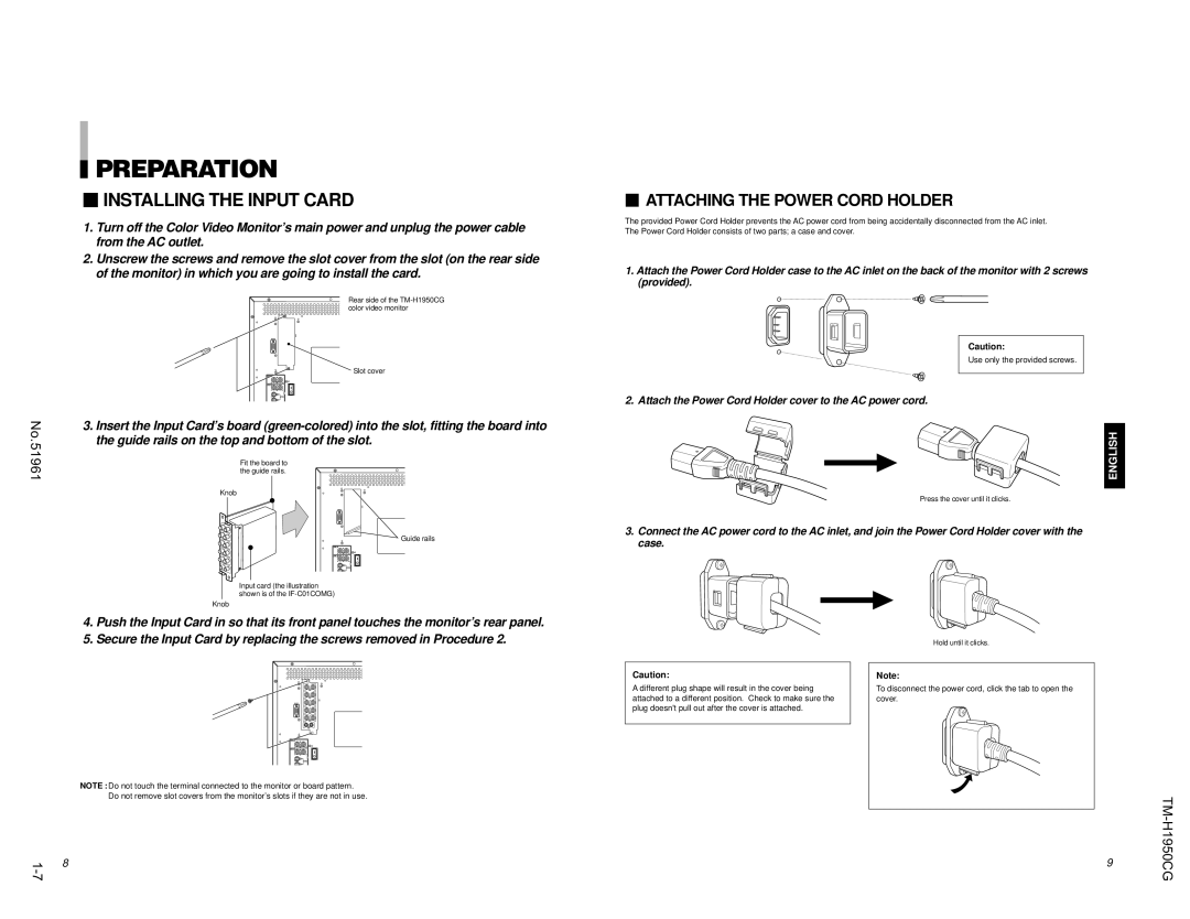 JVC TM-H1950CG Preparation,  Installing the Input Card,  Attaching the Power Cord Holder, Use only the provided screws 