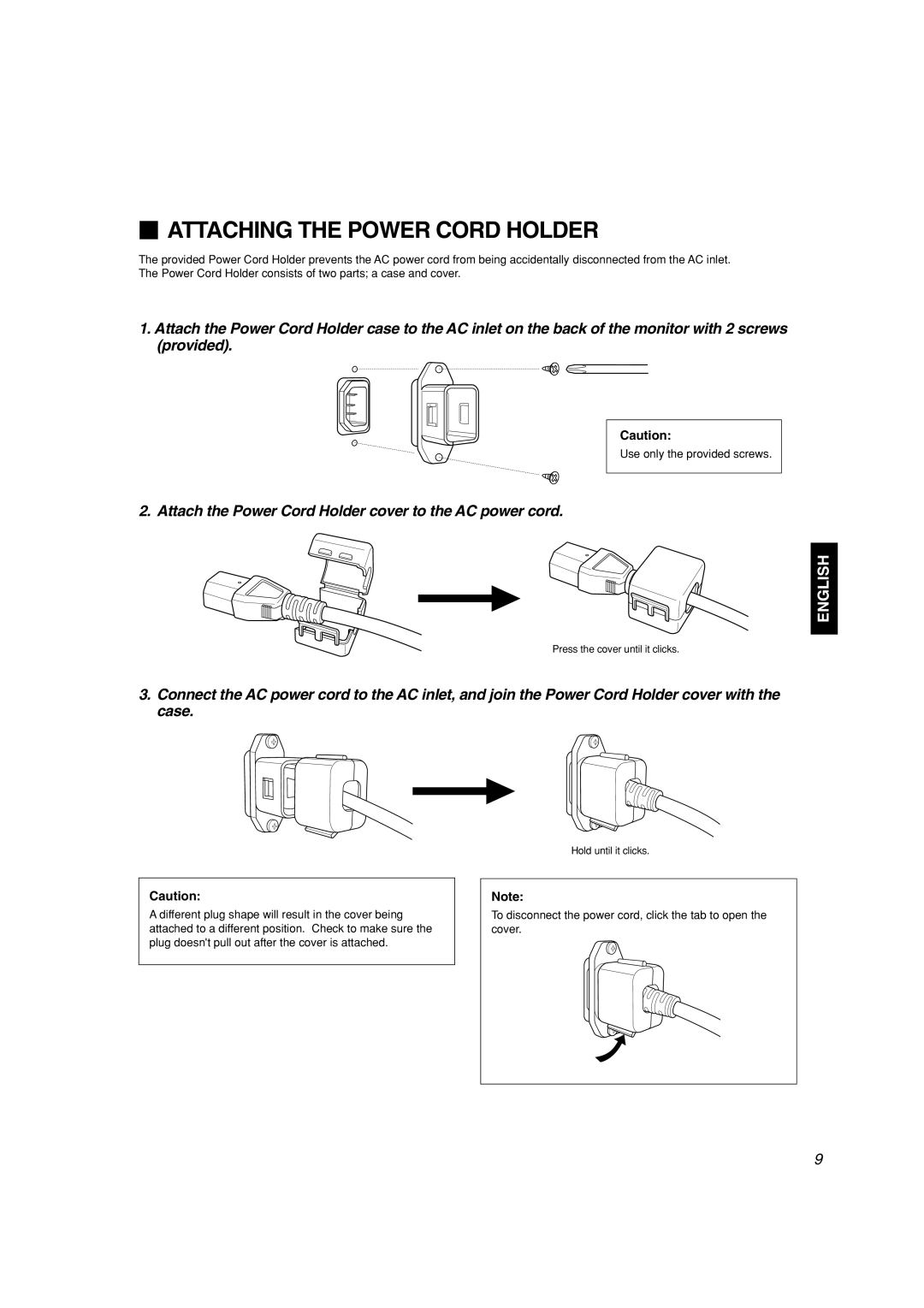 JVC TM-H1950CG manual  Attaching the Power Cord Holder, Use only the provided screws 