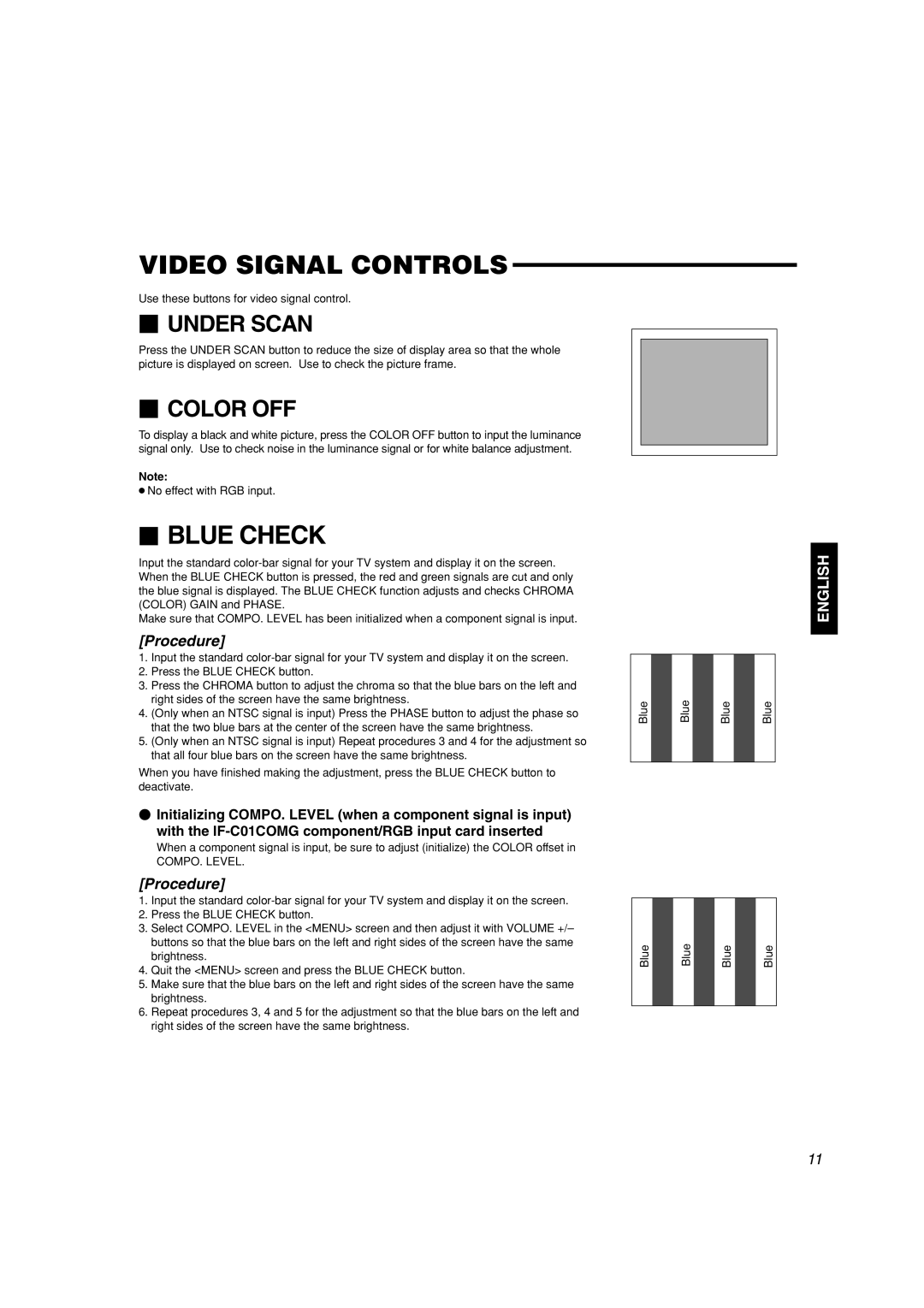 JVC TM-H1950CG Video Signal Controls,  Blue Check, Use these buttons for video signal control, No effect with RGB input 
