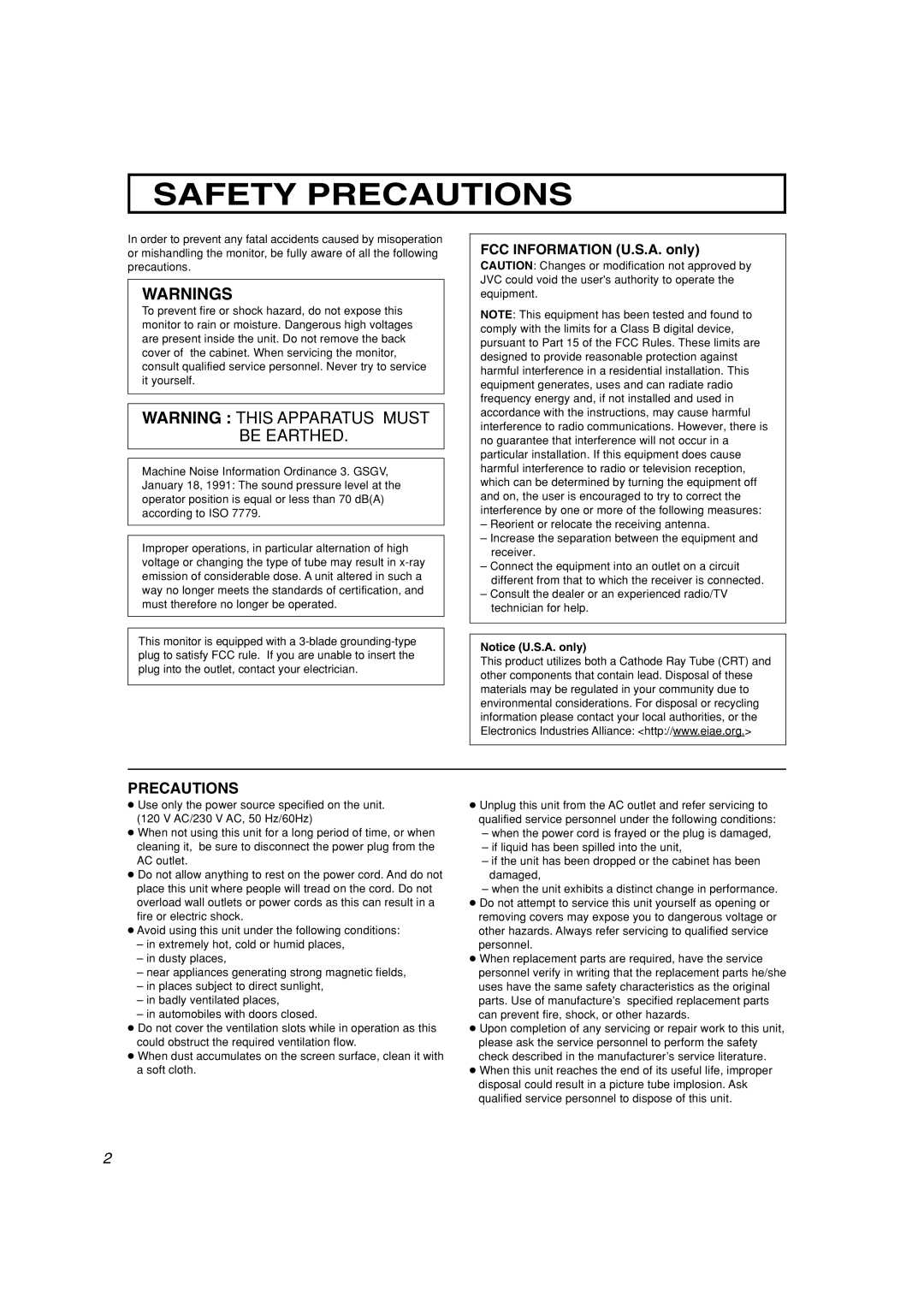 JVC TM-H1950CG manual Safety Precautions, FCC Information U.S.A. only 