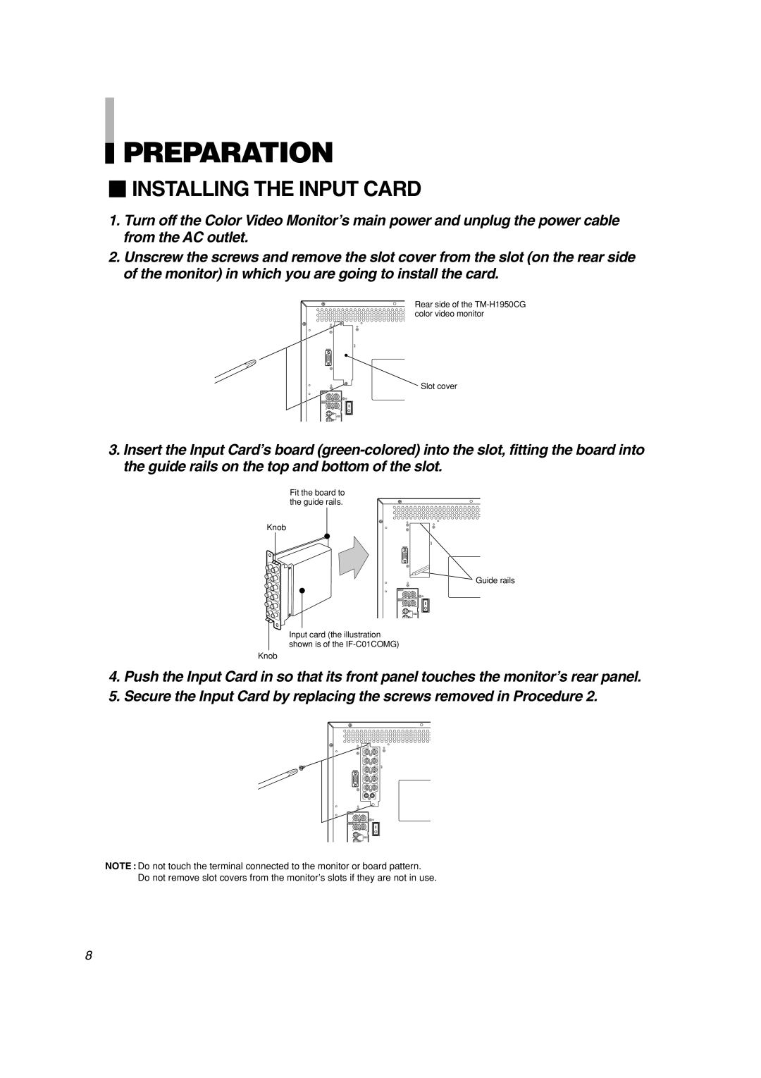 JVC TM-H1950CG manual Preparation,  Installing the Input Card 