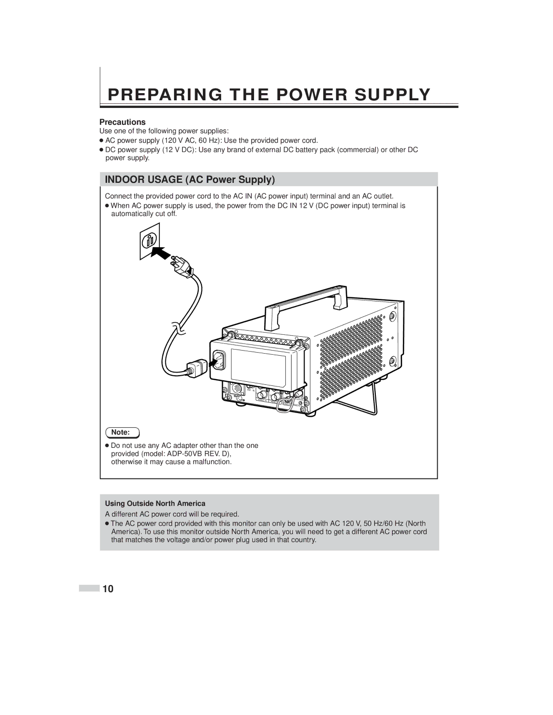 JVC TM-L450TU Preparing the Power Supply, Indoor Usage AC Power Supply, Precautions, Using Outside North America 