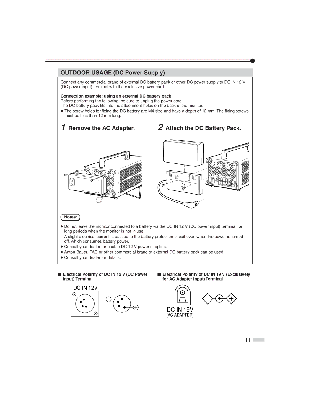 JVC TM-L450TU specifications Outdoor Usage DC Power Supply, Remove the AC Adapter Attach the DC Battery Pack 