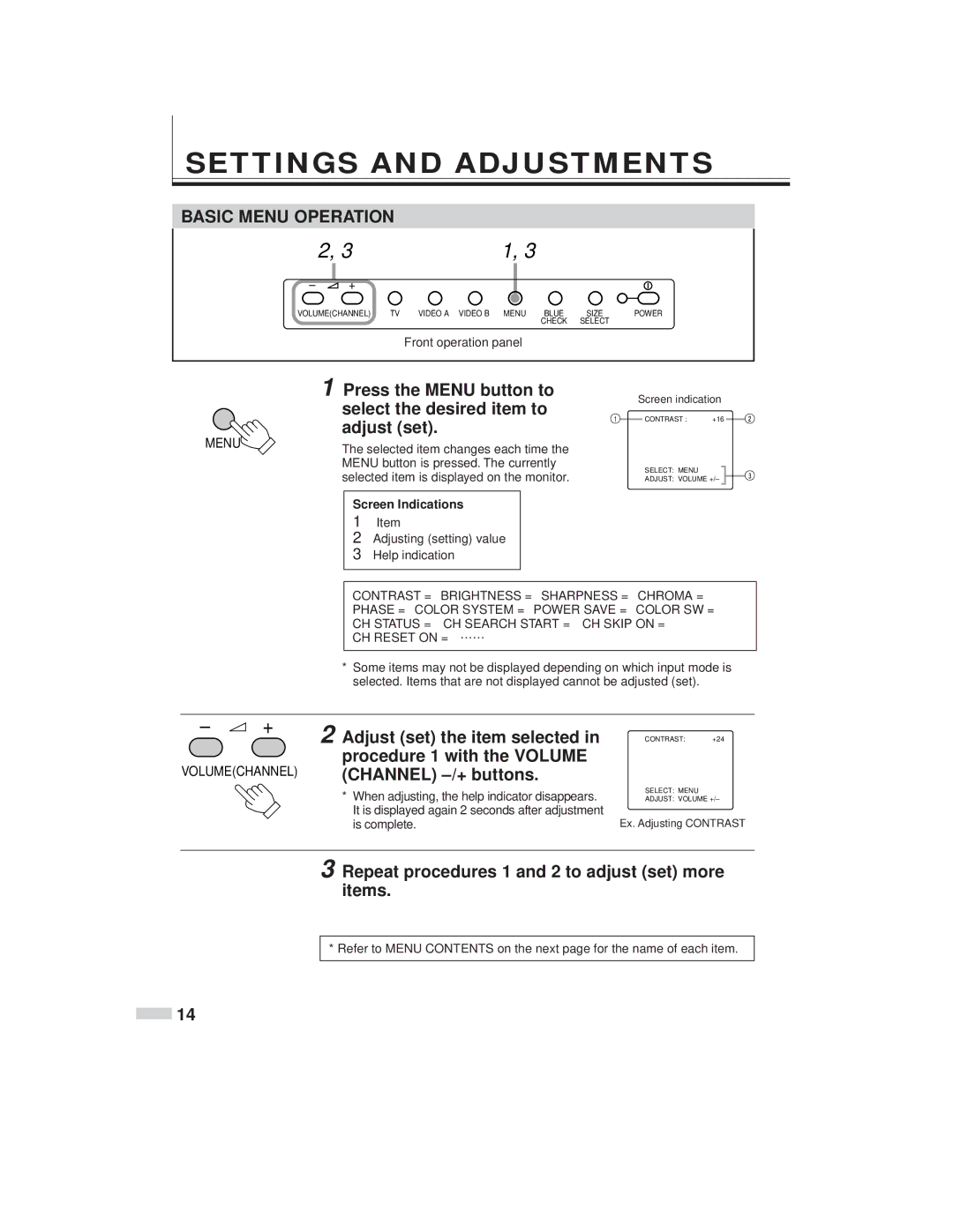 JVC TM-L450TU specifications Settings and Adjustments, Basic Menu Operation 