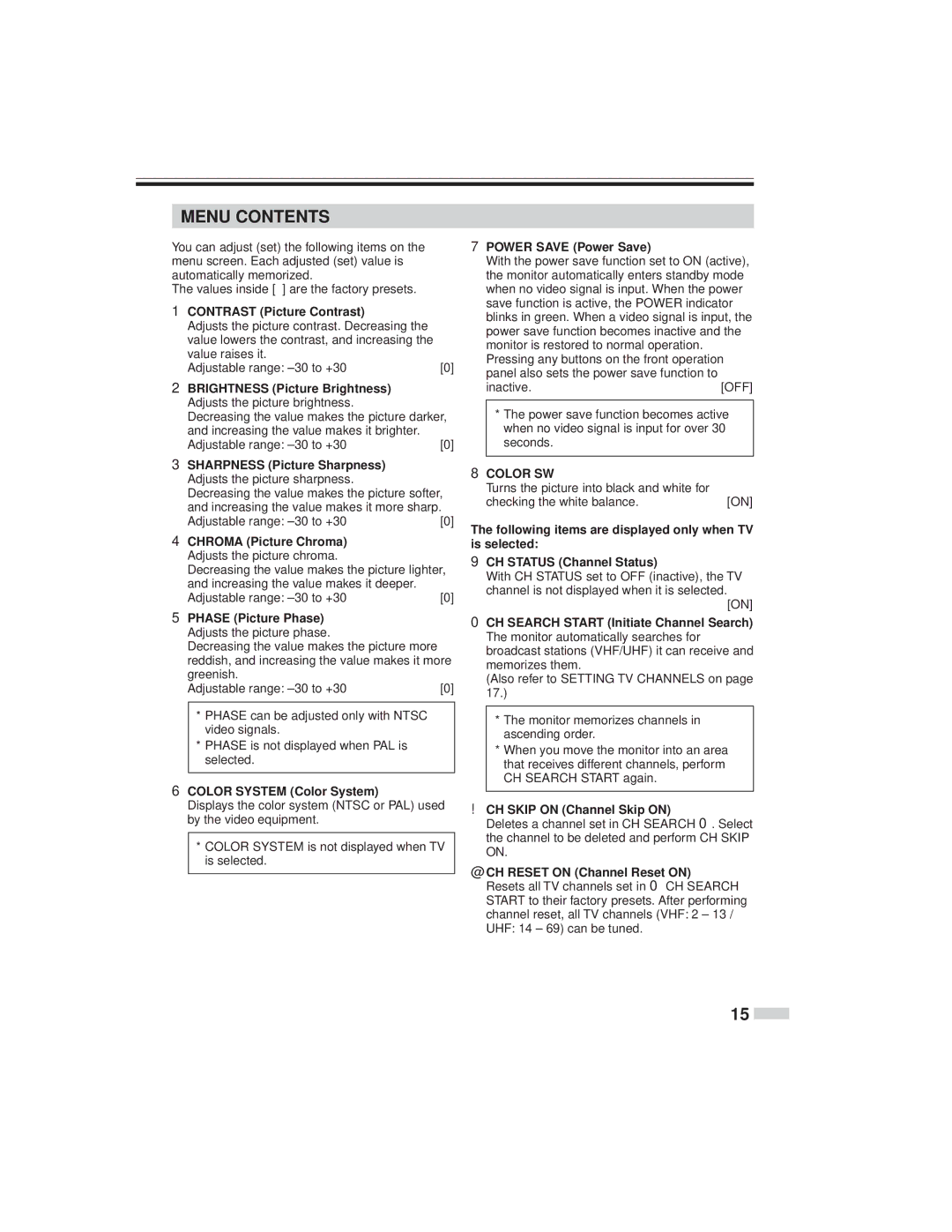 JVC TM-L450TU specifications Menu Contents 