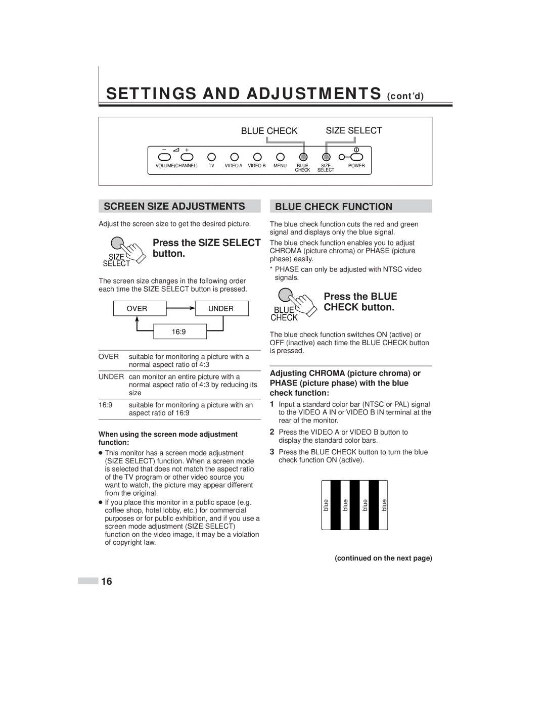 JVC TM-L450TU specifications Screen Size Adjustments, Press the Size Select Size button, Blue Check Function 