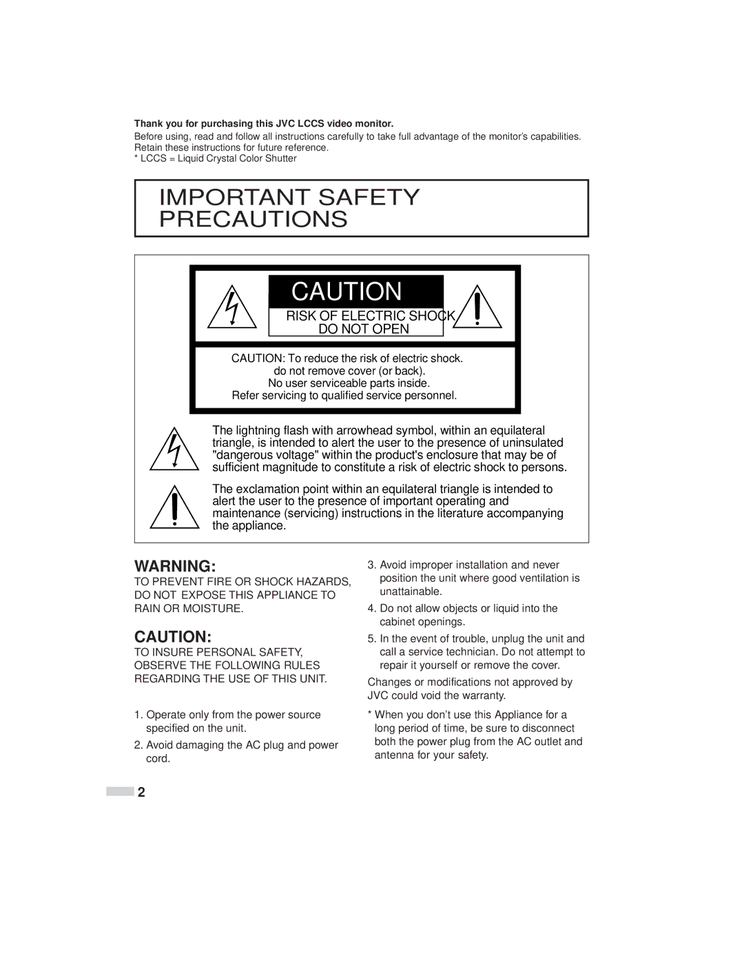 JVC TM-L450TU specifications Important Safety Precautions, Risk of Electric Shock Do not Open 