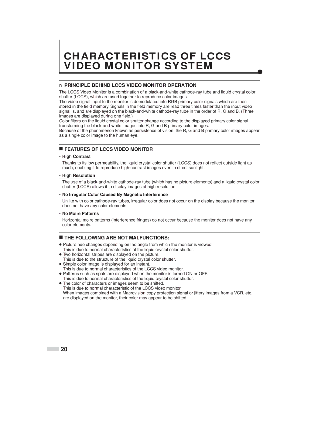 JVC TM-L450TU Characteristics of Lccs Video Monitor System, High Contrast, High Resolution, No Moire Patterns 