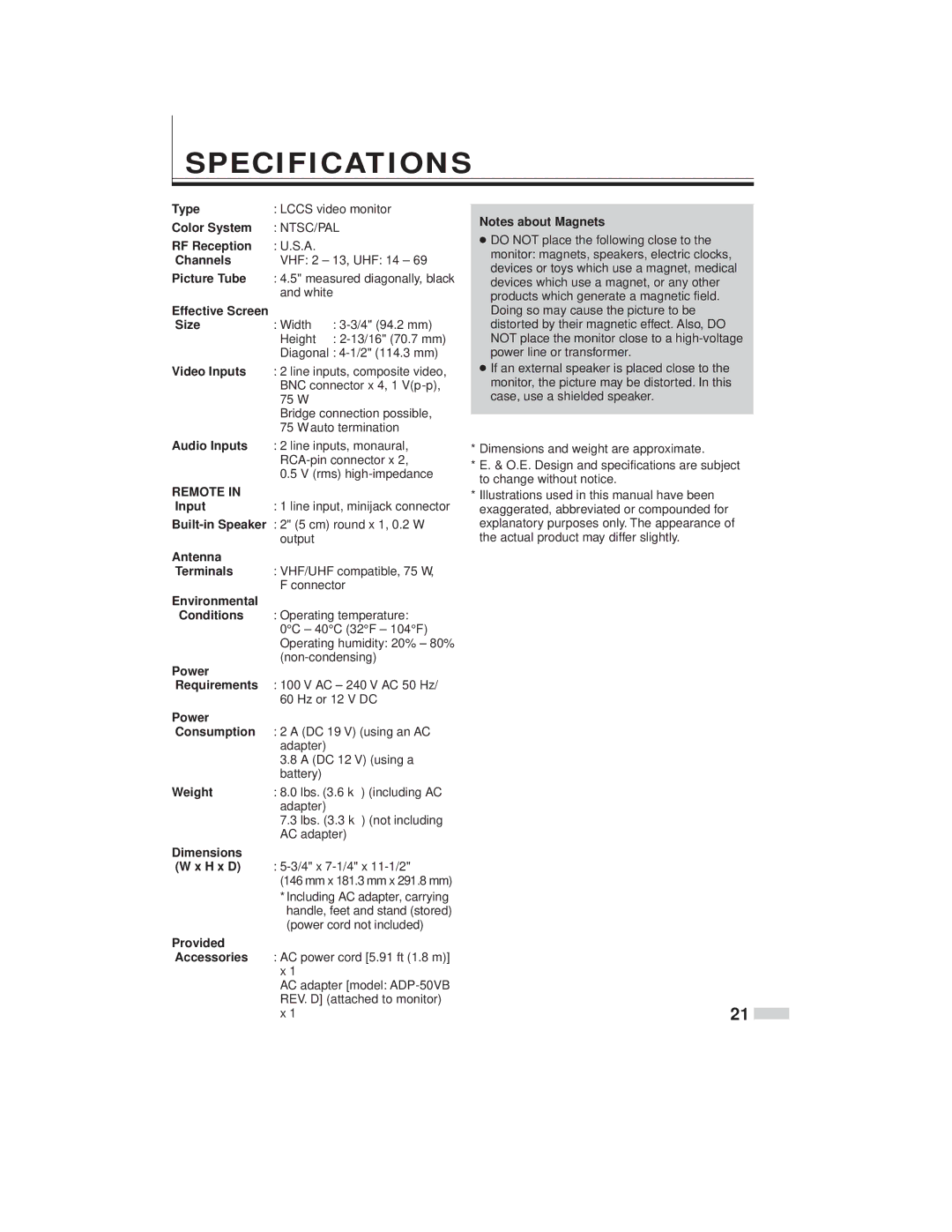 JVC TM-L450TU specifications Specifications 