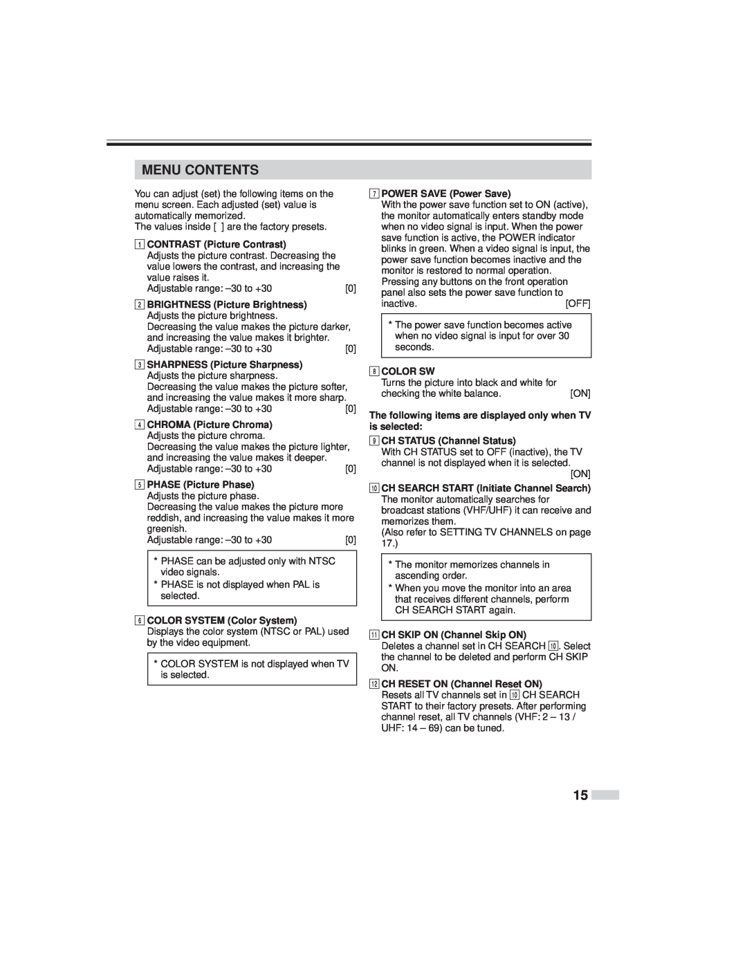 JVC TM-L450TU specifications Menu Contents 
