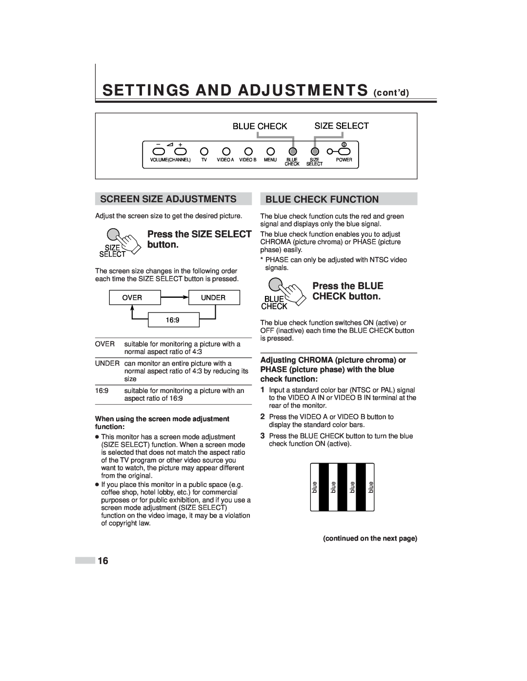 JVC TM-L450TU SETTINGS AND ADJUSTMENTS cont’d, Screen Size Adjustments, Press the SIZE SELECT SIZE button, Blue Check 