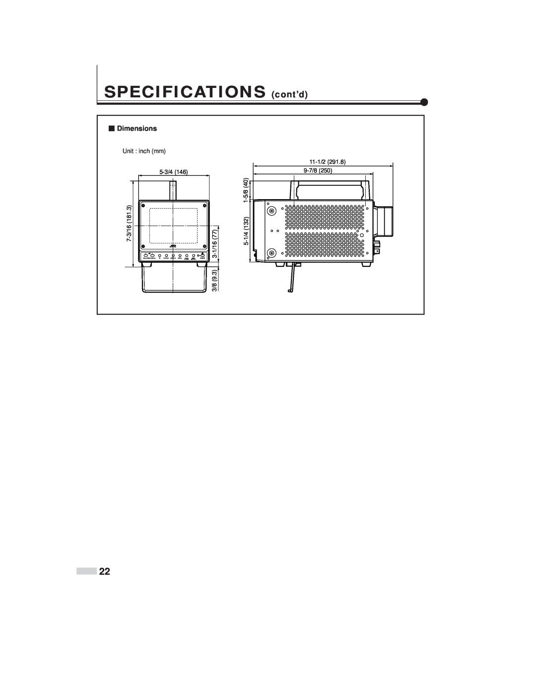 JVC TM-L450TU specifications SPECIFICATIONS cont’d, Unit inch mm 5-3/4 1 405/8, 7-3/16, 1/16, 5-1/4, 11-1/2 9-7/8 