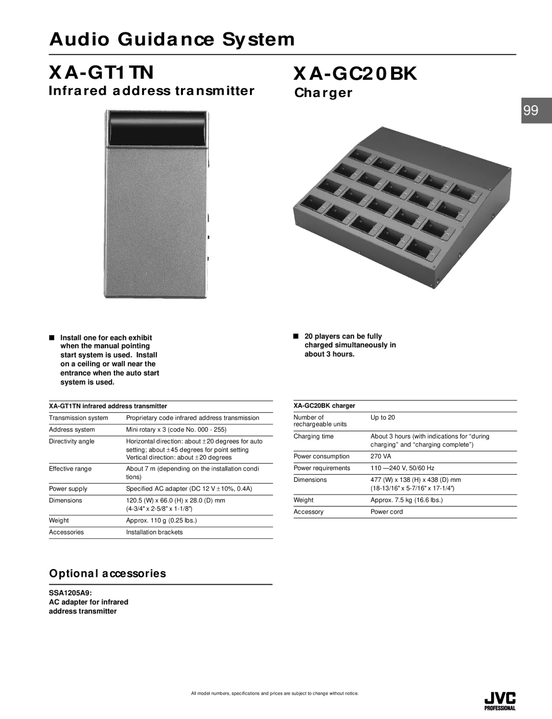 JVC specifications XA-GT1TN XA-GC20BK, Infrared address transmitter Charger, Optional accessories, XA-GC20BK charger 