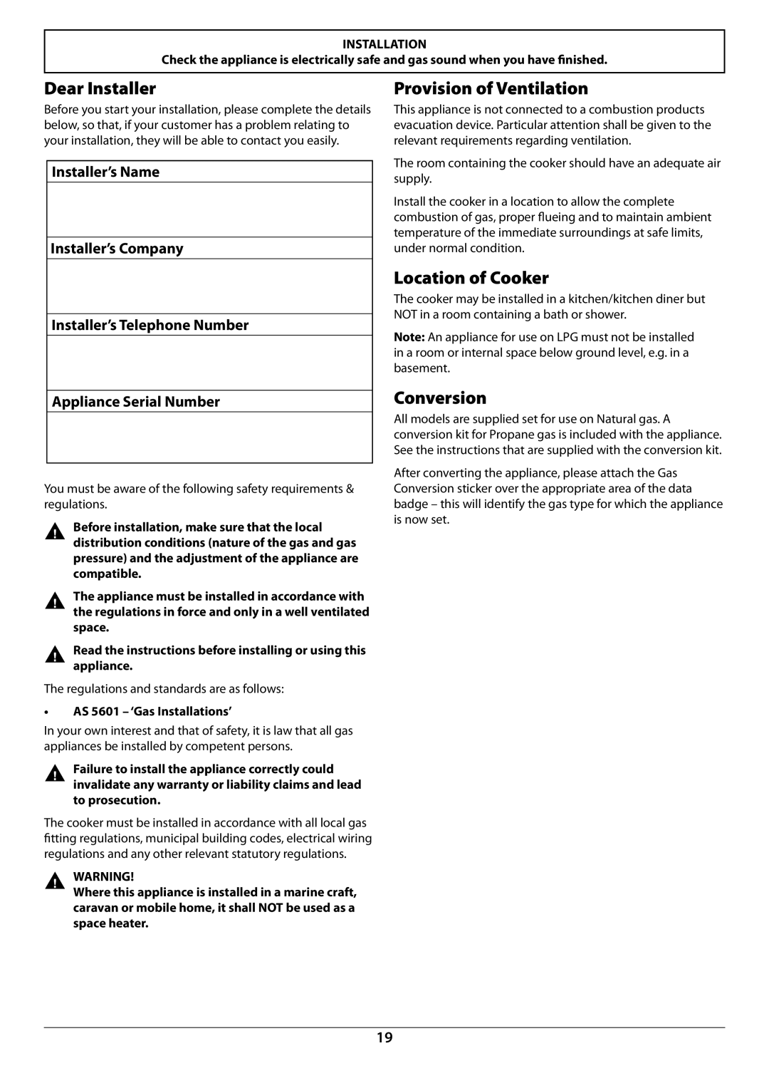 JVC toledo installation instructions Dear Installer, Provision of Ventilation, Location of Cooker, Conversion 