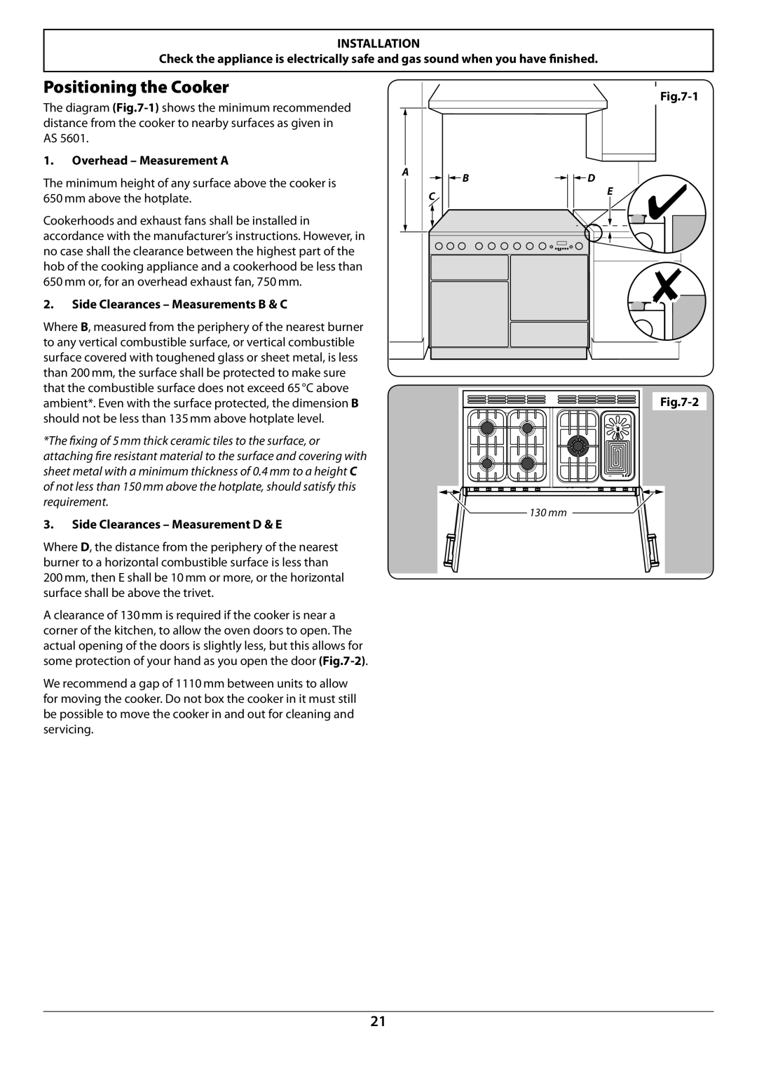 JVC toledo installation instructions Positioning the Cooker, Overhead Measurement a, Side Clearances Measurements B & C 