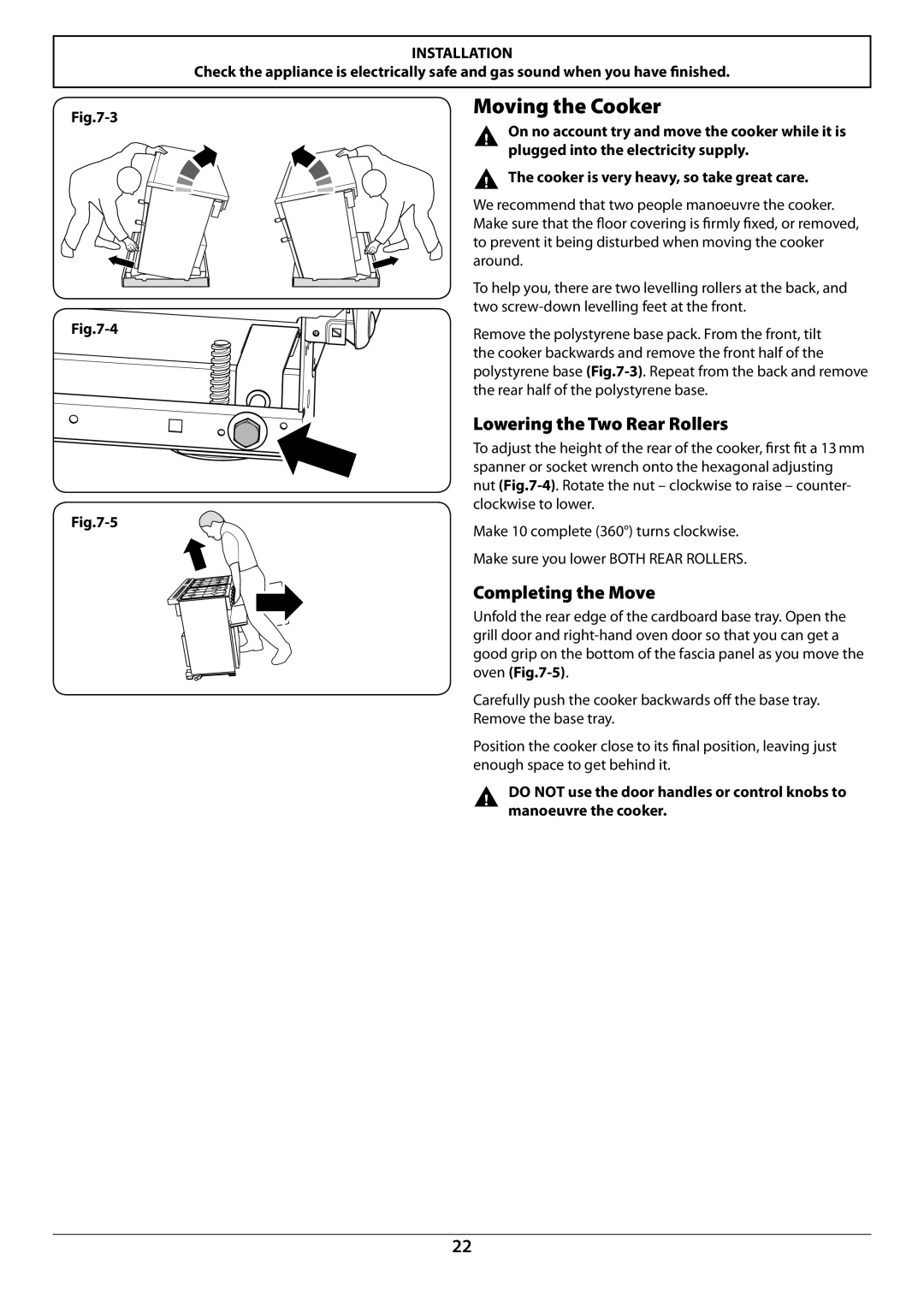 JVC toledo installation instructions Moving the Cooker, Lowering the Two Rear Rollers, Completing the Move 