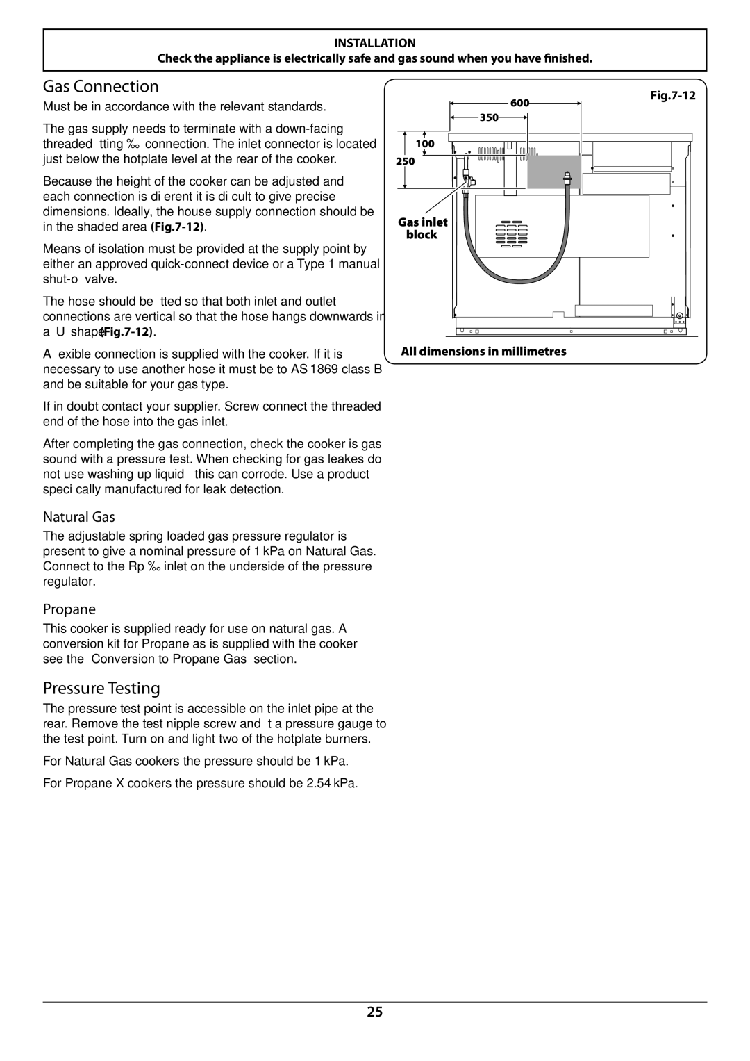 JVC toledo installation instructions Gas Connection, Pressure Testing, Natural Gas, Propane, 600Fig.7-12 