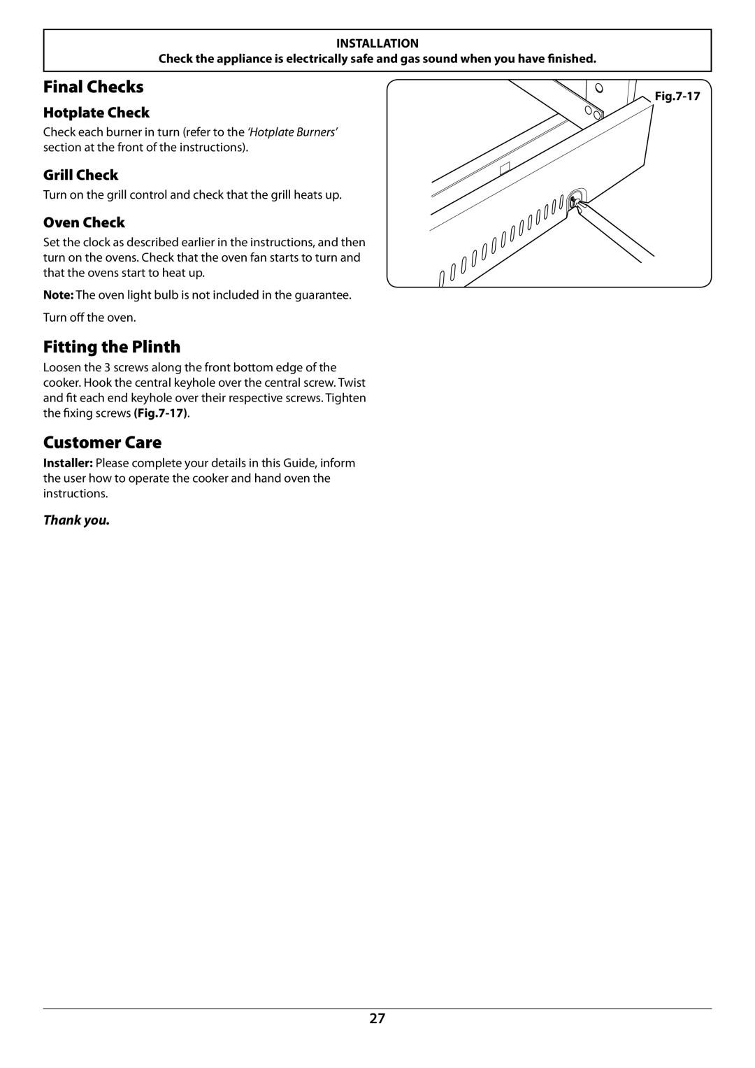 JVC toledo installation instructions Final Checks, Fitting the Plinth, Customer Care 