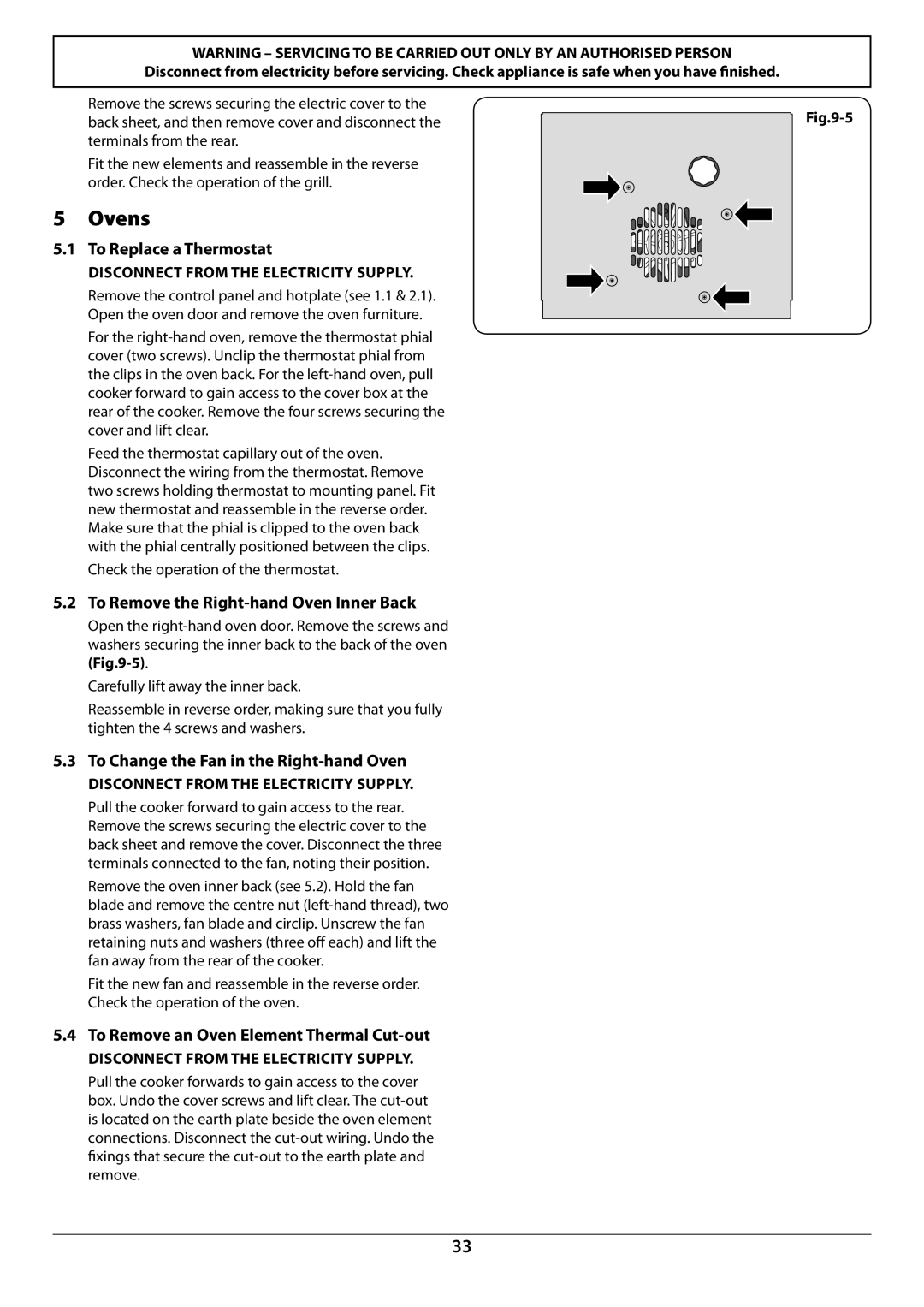 JVC toledo To Replace a Thermostat, To Remove the Right-hand Oven Inner Back, To Change the Fan in the Right-hand Oven 