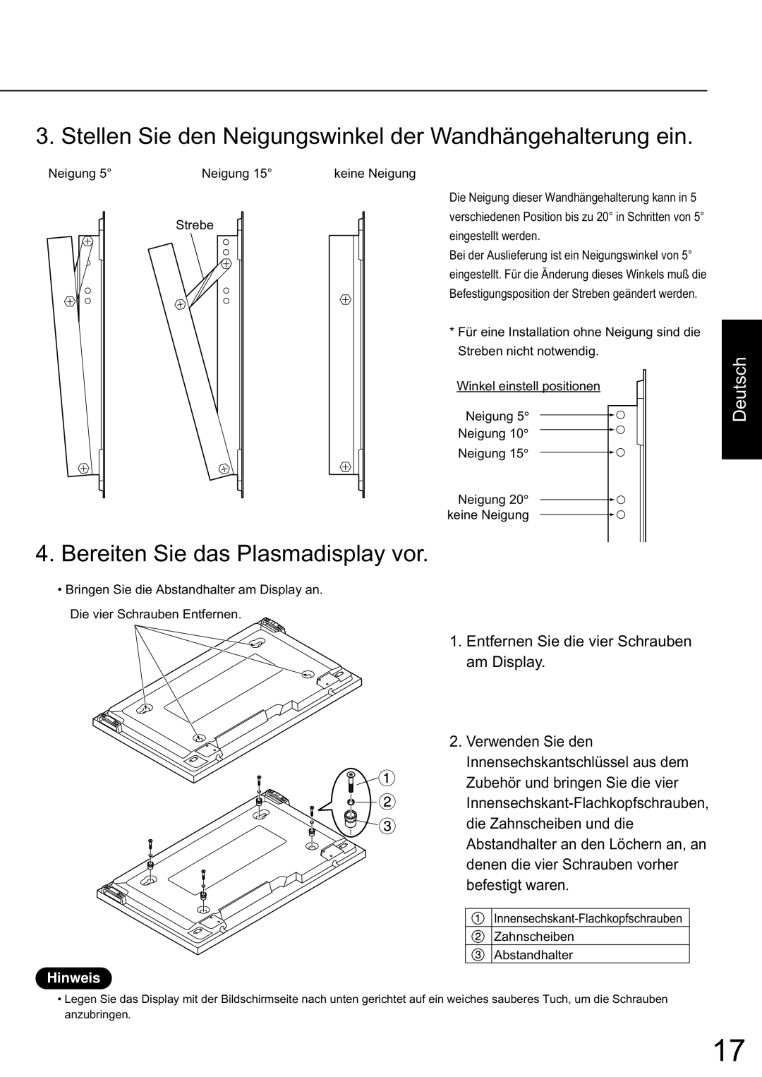 JVC TS-C50P2G, TS-C50P6G Stellen Sie den Neigungswinkel der Wandhängehalterung ein, Bereiten Sie das Plasmadisplay vor 