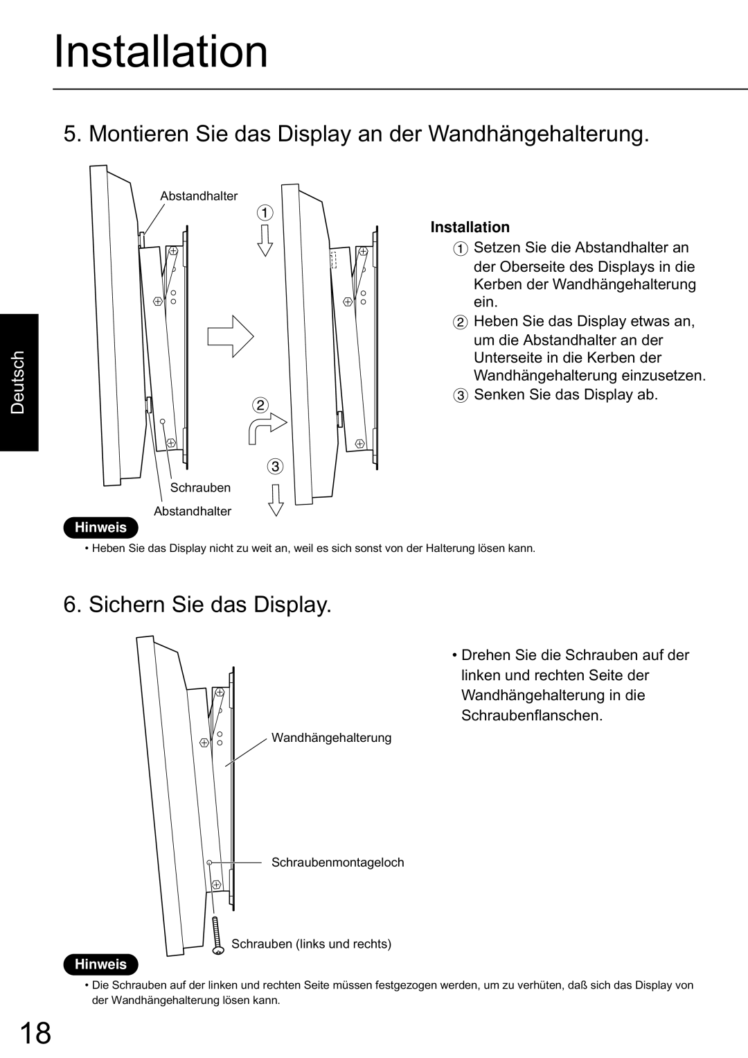 JVC TS-C50P6G, TS-C50P2G manual Montieren Sie das Display an der Wandhängehalterung, Sichern Sie das Display 